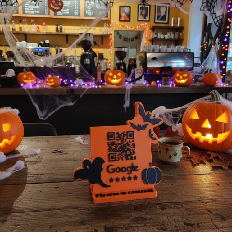 Stand pentru recenzii Google cu cod QR și NFC, tematică Halloween