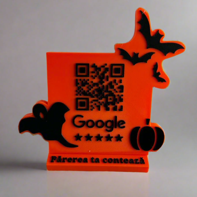 Stand pentru recenzii Google cu cod QR și NFC, tematică Halloween