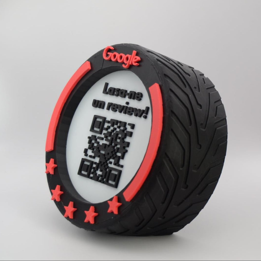 Stand cu cod QR pentru recenzii Google, cu NFC, model roată F1, diverse culori