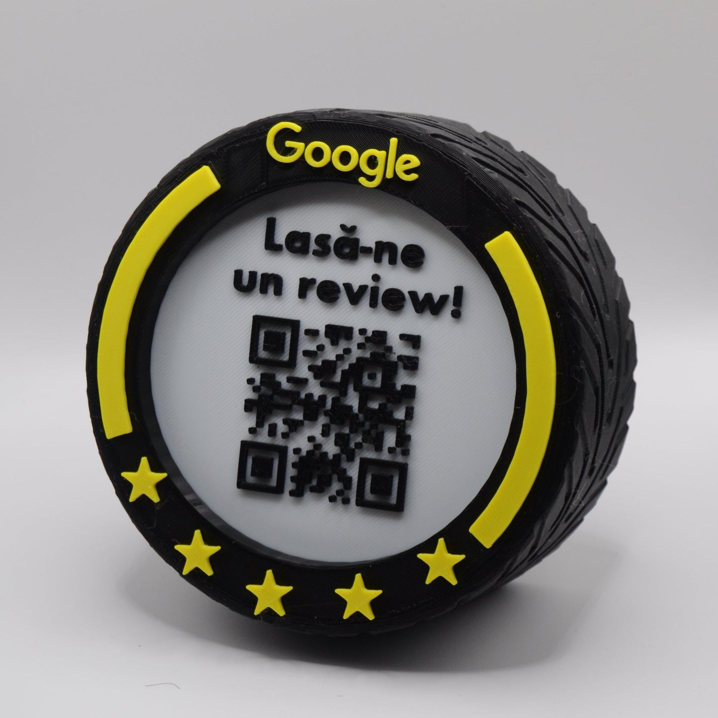 Stand cu cod QR pentru recenzii Google, cu NFC, model roată F1, diverse culori