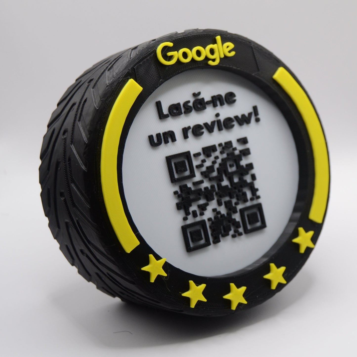 Stand cu cod QR pentru recenzii Google, cu NFC, model roată F1, diverse culori