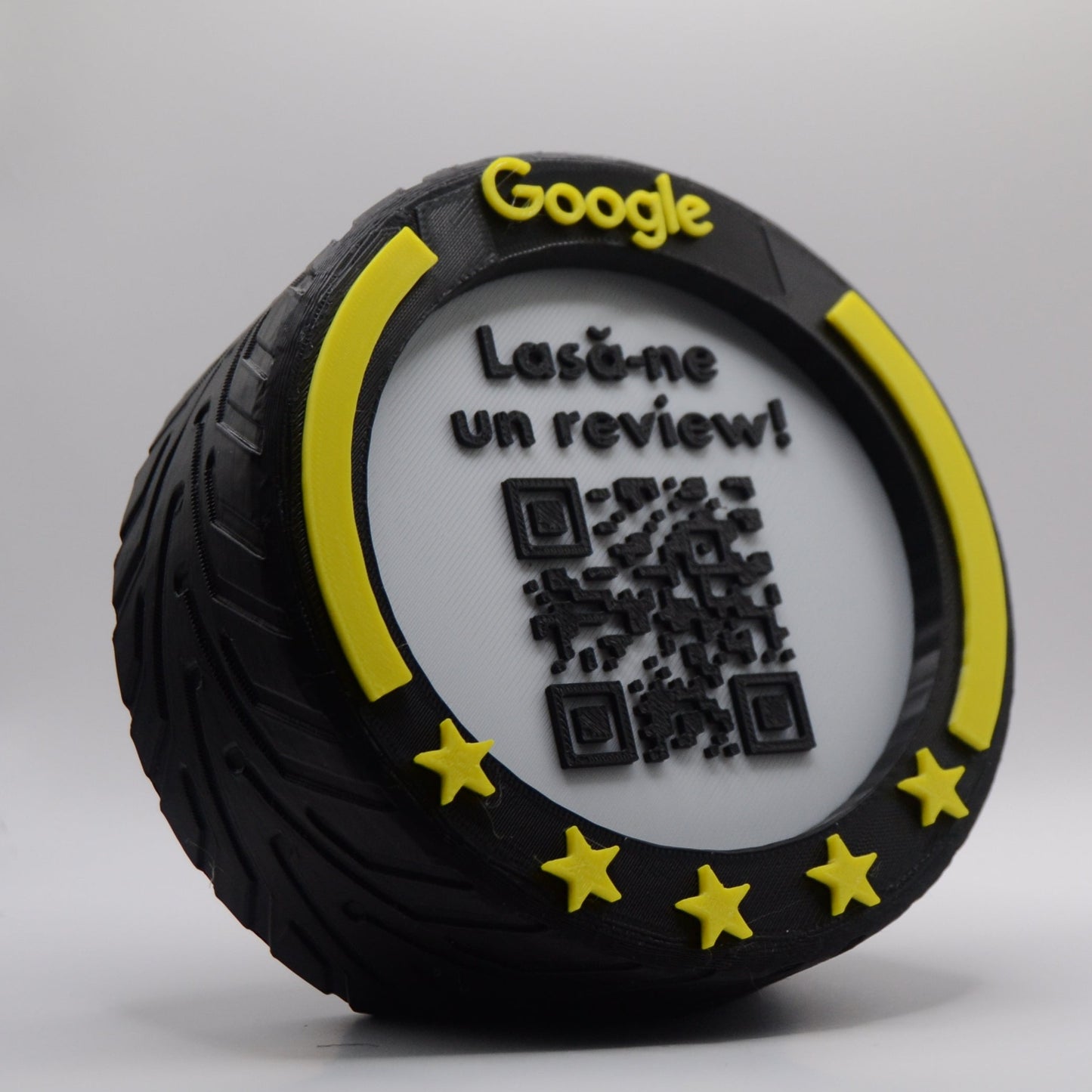Stand cu cod QR pentru recenzii Google, cu NFC, model roată F1, diverse culori