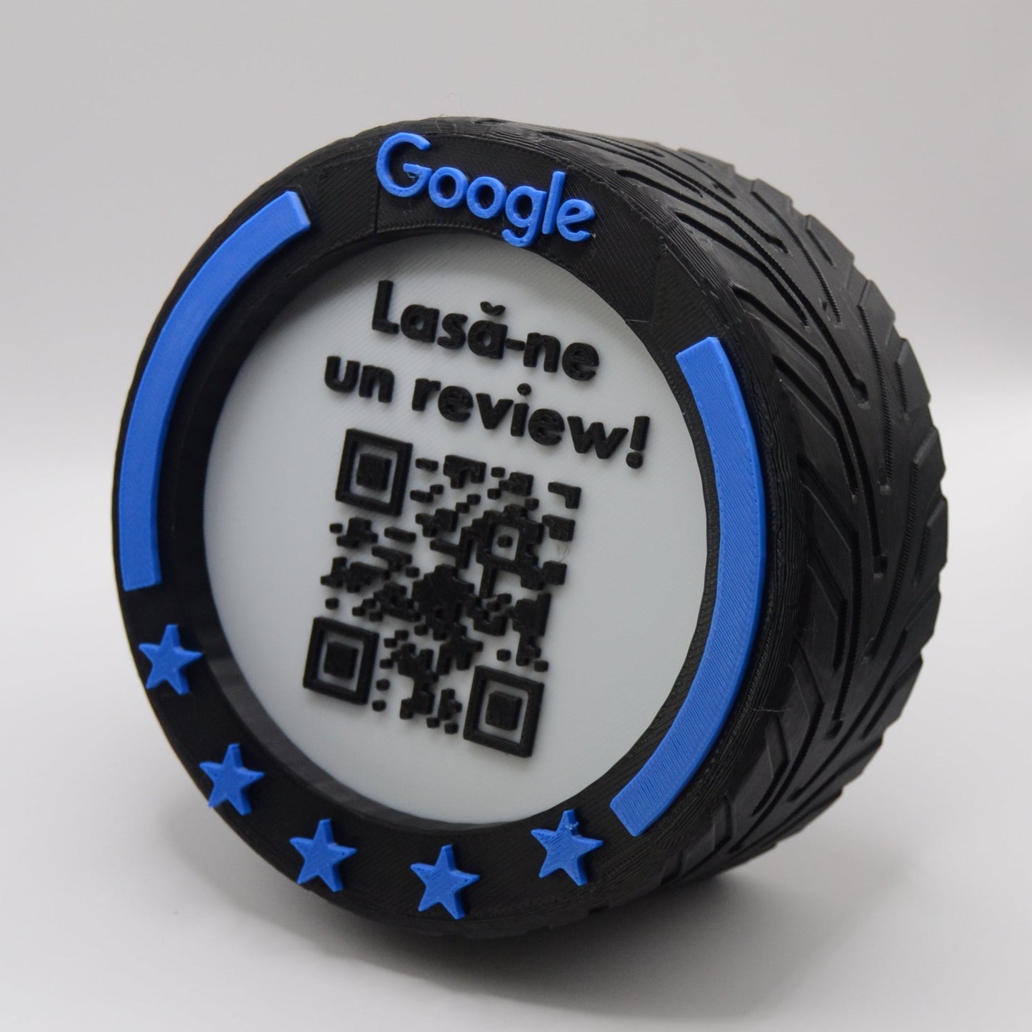 Stand cu cod QR pentru recenzii Google, cu NFC, model roată F1, diverse culori