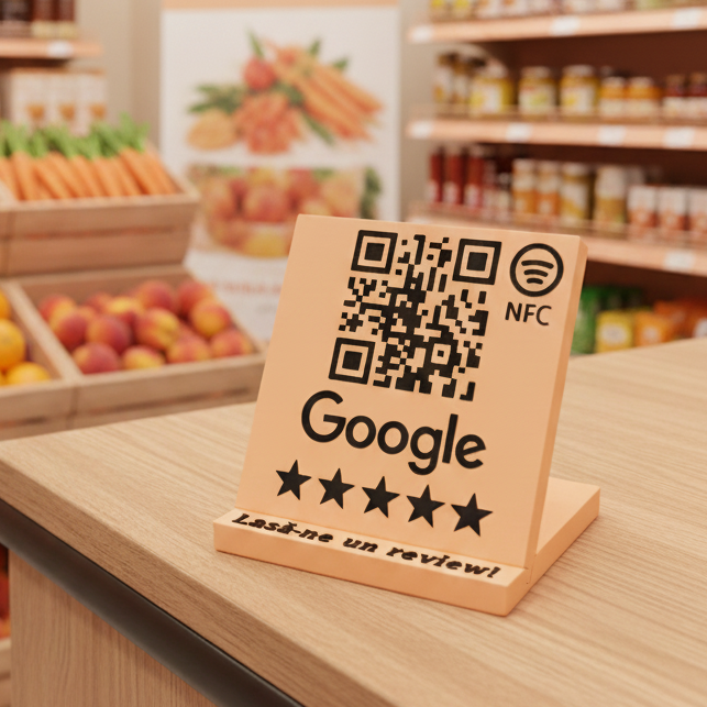 Stand cu cod QR și NFC pentru recenzii Google Maps