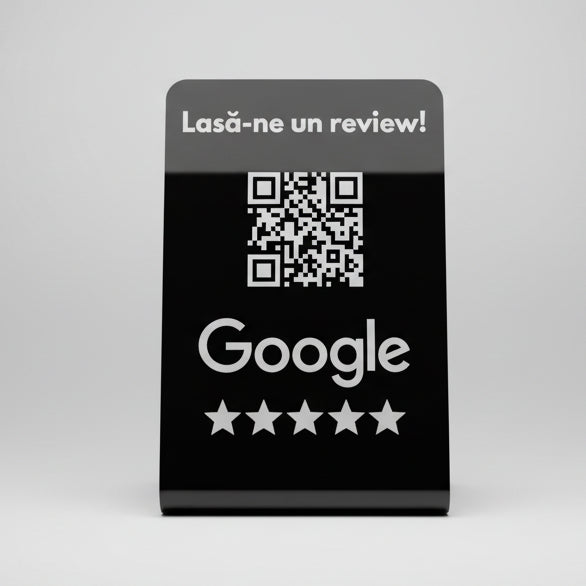 Stand acrilic negru cu cod QR pentru recenzii Google, personalizabil