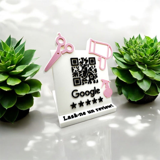 Stand cu cod QR pentru recenzii Google cu foarfecă și uscător de păr, pentru saloane și frizerii
