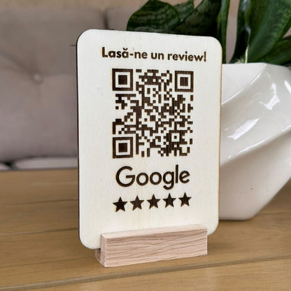 Stand din lemn cu cod QR pentru recenzii Google – personalizabil, cu suport elegant