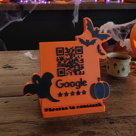 Stand pentru recenzii Google cu cod QR și NFC, tematică Halloween