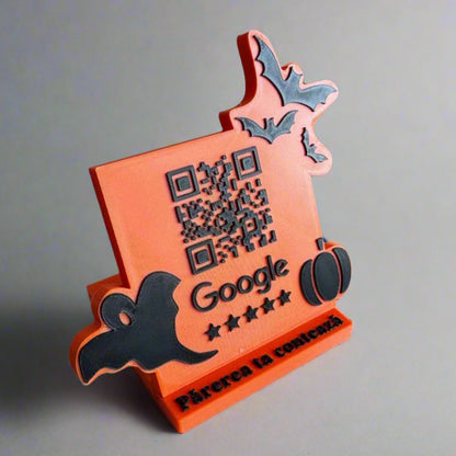 Stand pentru recenzii Google cu cod QR și NFC, tematică Halloween