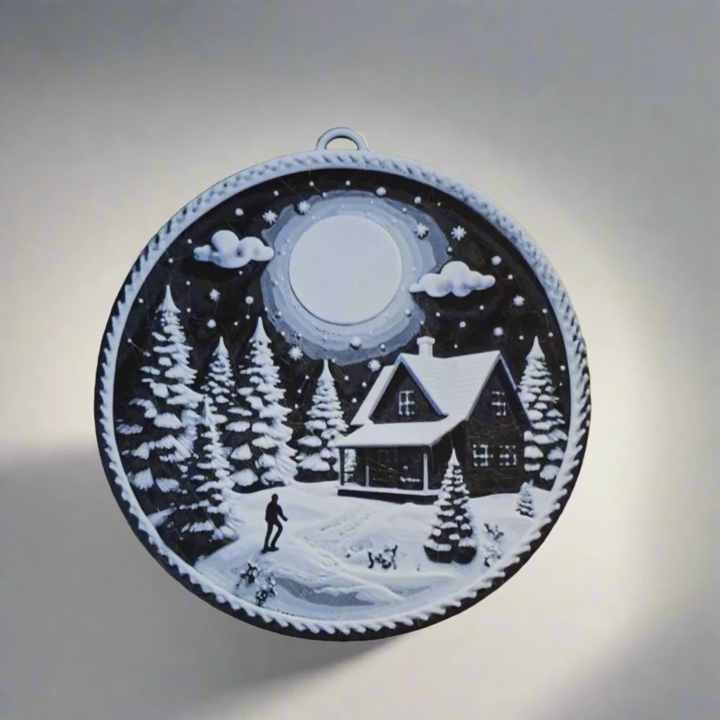 Glob plat de Crăciun, model peisaj de iarnă, alb-negru