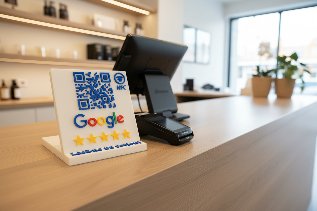 Stand cu cod QR și NFC pentru recenzii Google Maps
