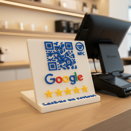 Stand cu cod QR și NFC pentru recenzii Google Maps