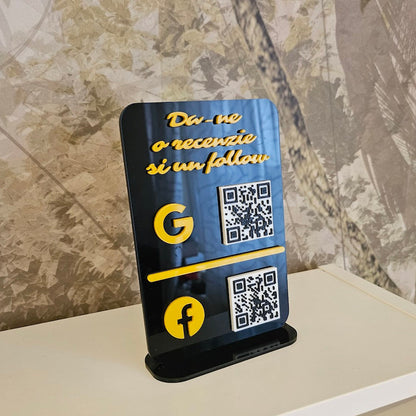 Stand elegant personalizat din plexiglas acrylic cu 2 coduri QR si NFC