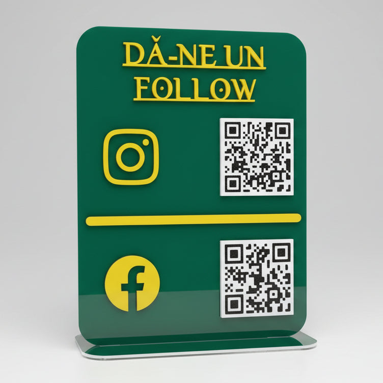 Stand elegant personalizat din plexiglas acrylic cu 2 coduri QR si NFC
