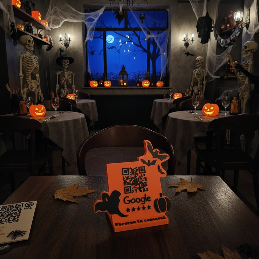Stand pentru recenzii Google cu cod QR și NFC, tematică Halloween