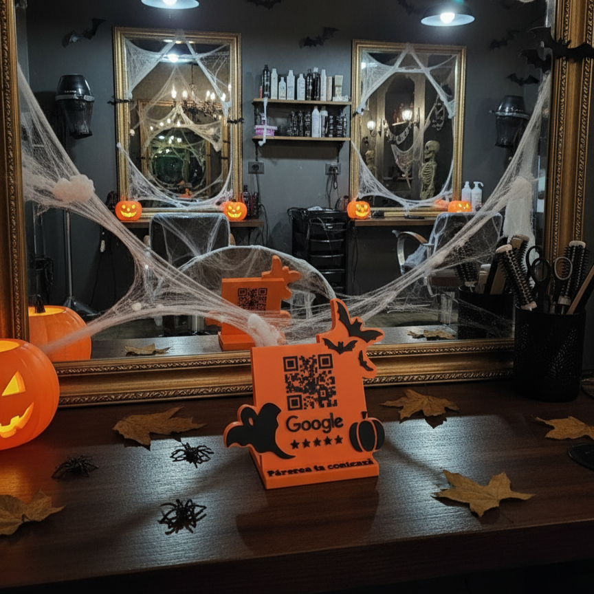 Stand pentru recenzii Google cu cod QR și NFC, tematică Halloween