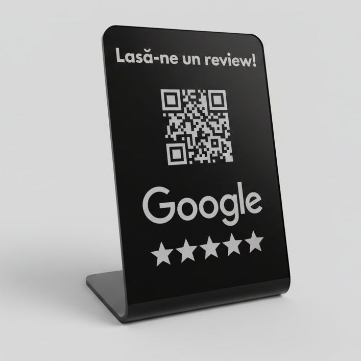 Stand acrilic negru cu cod QR pentru recenzii Google, personalizabil