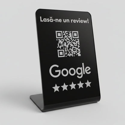 Stand acrilic negru cu cod QR pentru recenzii Google, personalizabil