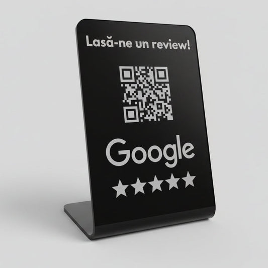 Stand acrilic negru cu cod QR pentru recenzii Google, personalizabil