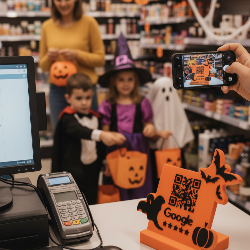 Stand pentru recenzii Google cu cod QR și NFC, tematică Halloween
