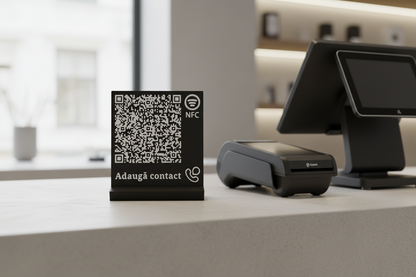 Stand elegant cu cod QR și NFC pentru adăugare rapidă de contact
