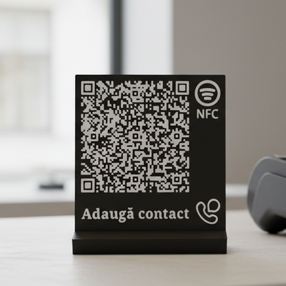 Stand elegant cu cod QR și NFC pentru adăugare rapidă de contact