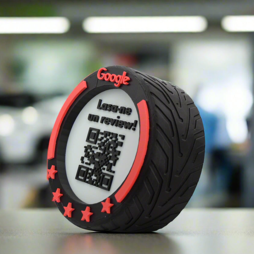Stand cu cod QR pentru recenzii Google, cu NFC, model roată F1, diverse culori