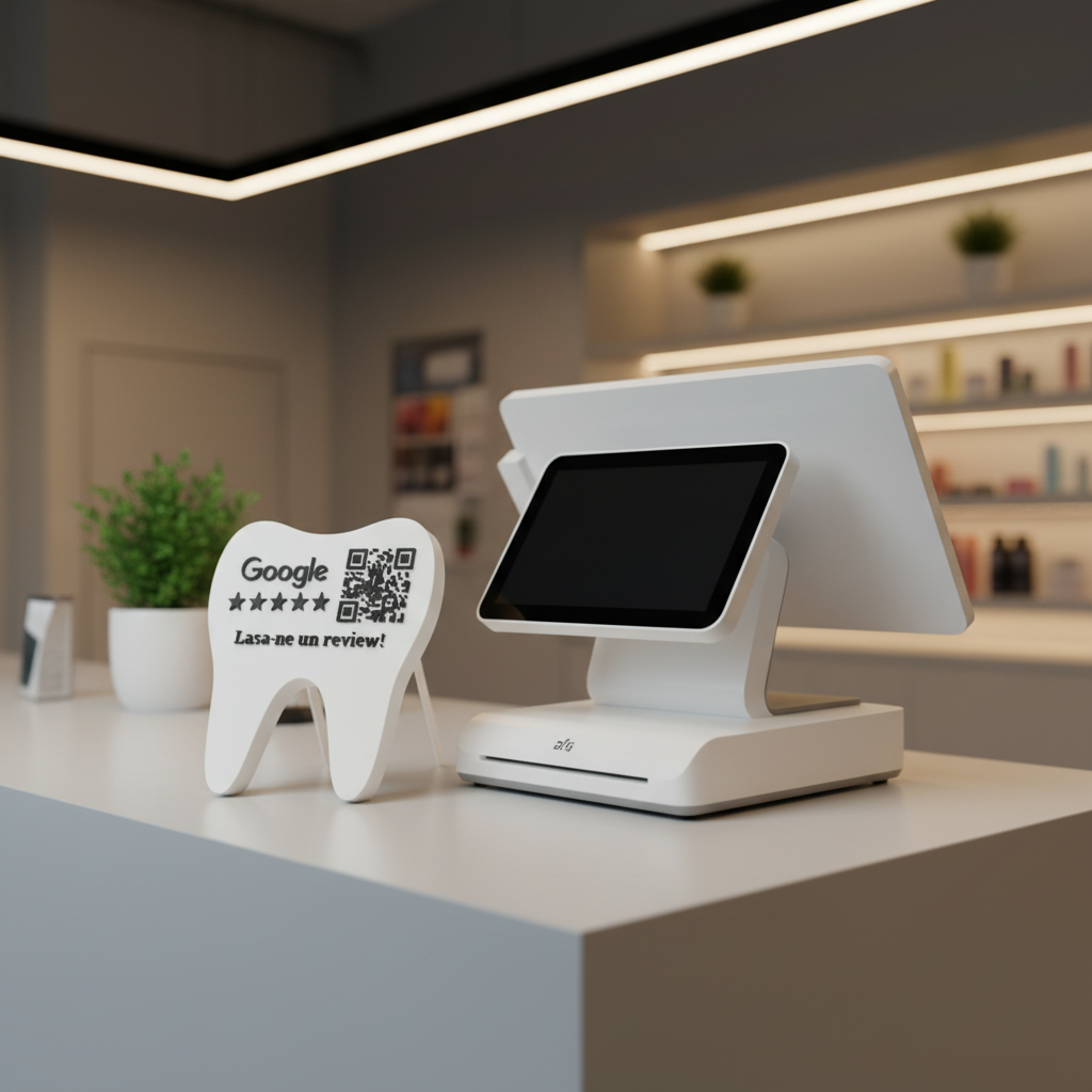 Stand pentru recenzii Google cu cod QR și NFC în formă de dinte