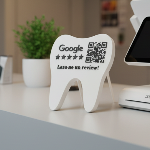 Stand pentru recenzii Google cu cod QR și NFC în formă de dinte