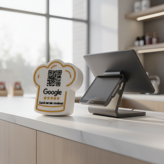Stand cu cod QR pentru recenzii Google, model Bucătar, cu NFC integrat