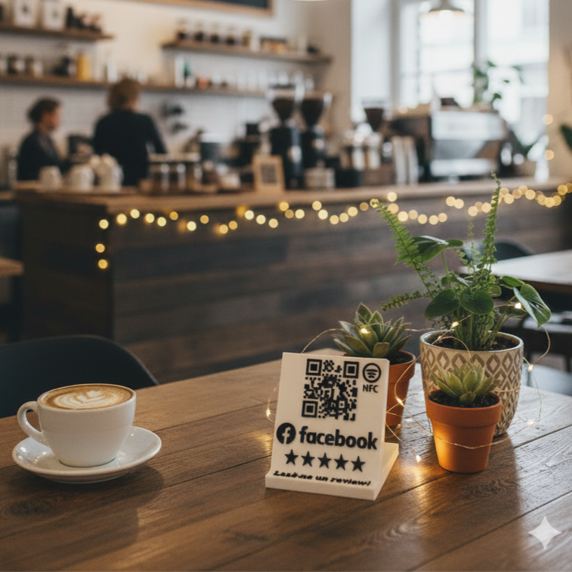 Stand cu cod QR și NFC pentru pagina de Facebook