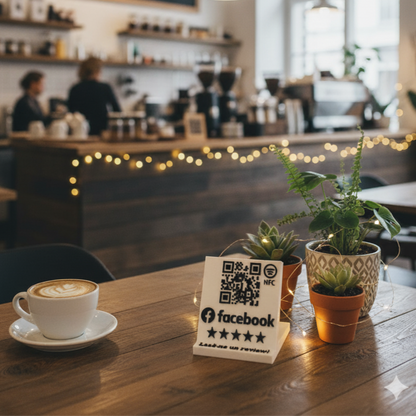 Stand cu cod QR și NFC pentru pagina de Facebook