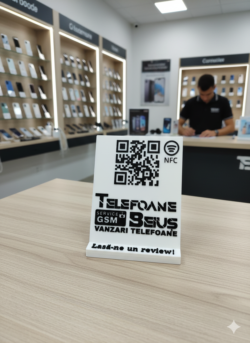 Stand cu cod QR multifuncțional personalizat, cu NFC