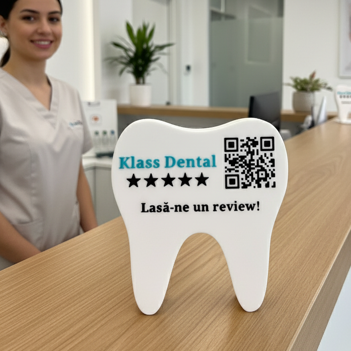 Stand pentru recenzii Google cu cod QR și NFC în formă de dinte