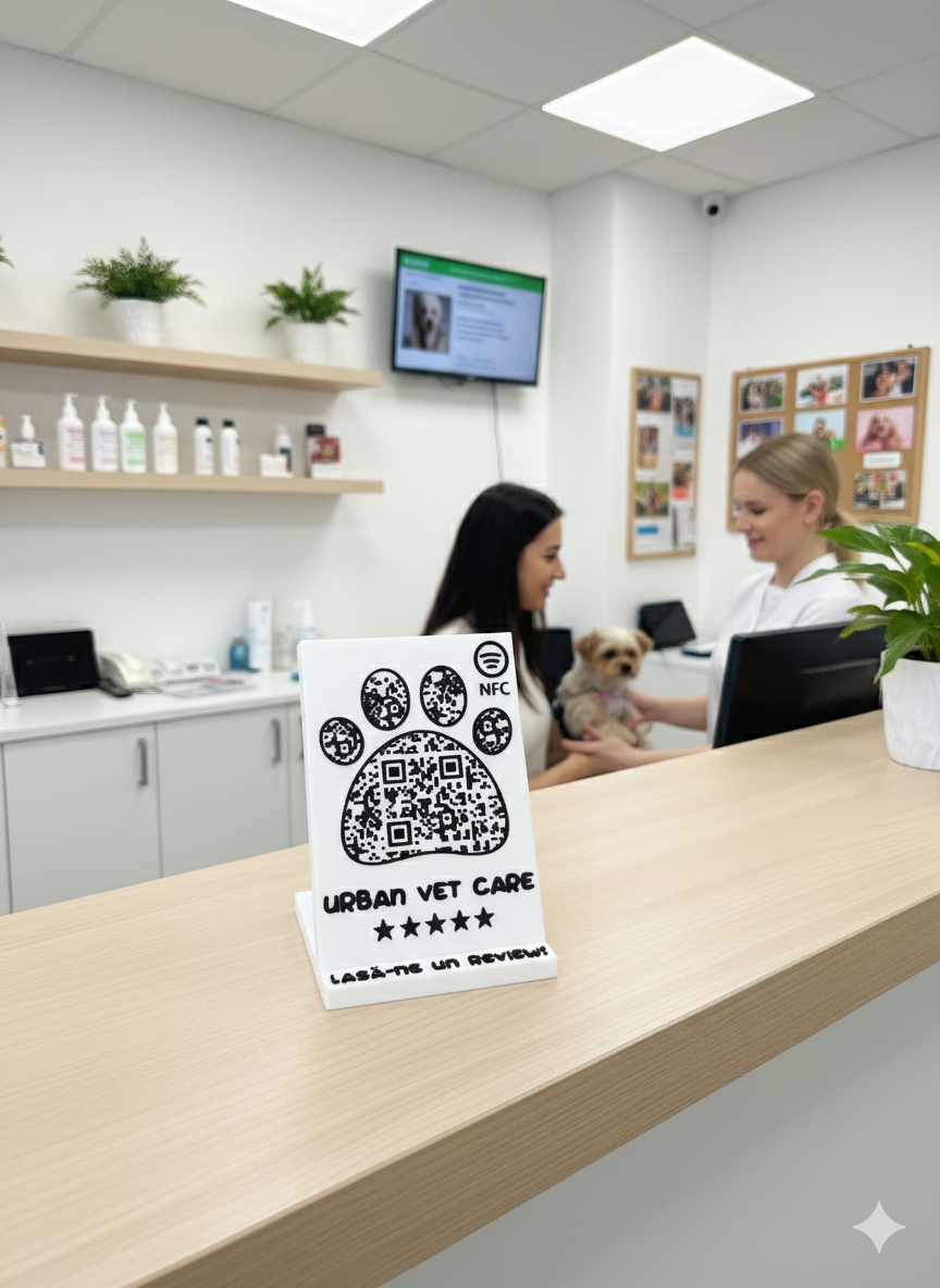 Stand cu cod QR și NFC pentru recenzii Google, pentru afaceri legate de animale