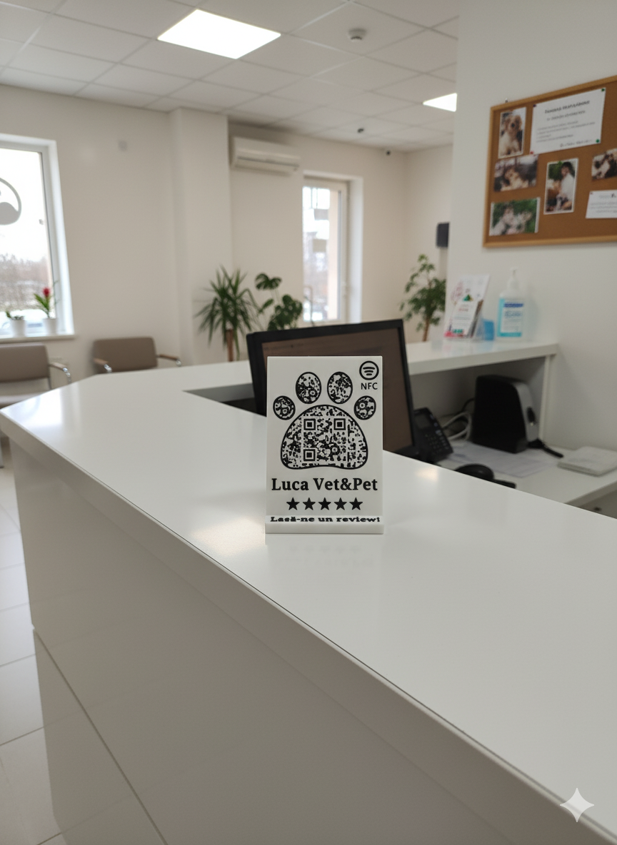 Stand cu cod QR și NFC pentru recenzii Google, pentru afaceri legate de animale