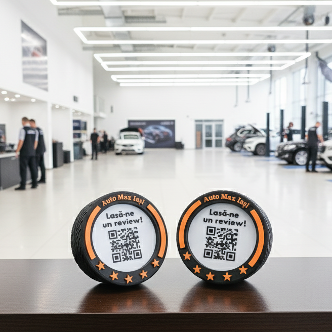 Stand cu cod QR pentru recenzii Google, cu NFC, model roată F1, diverse culori