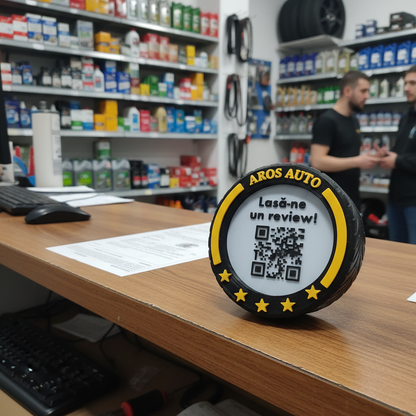 Stand cu cod QR pentru recenzii Google, cu NFC, model roată F1, diverse culori