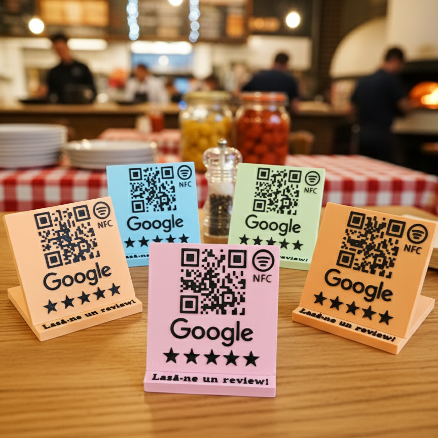 Stand cu cod QR și NFC pentru recenzii Google Maps