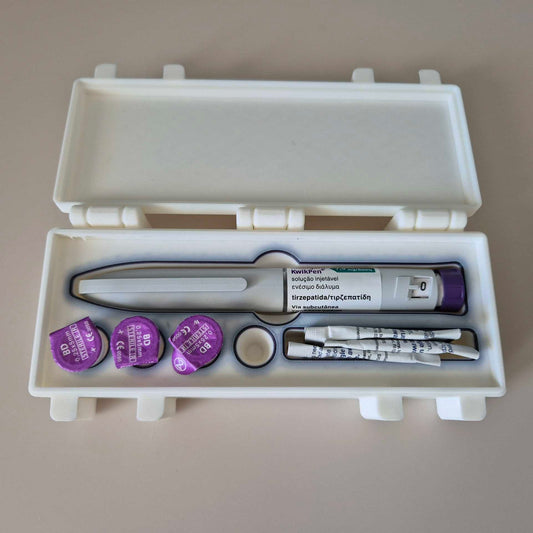 Cutie compactă pentru stiloul Mounjaro cu compartimente pentru ace și șervețele