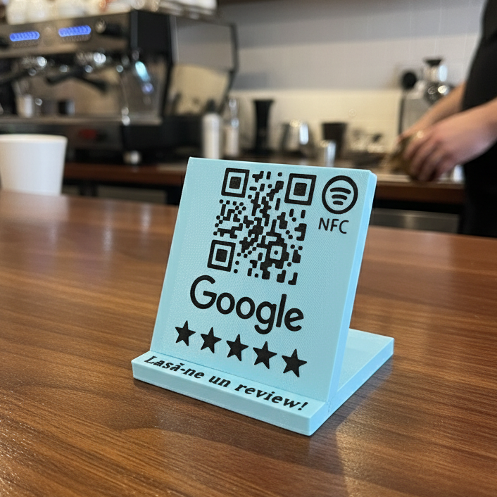 Stand cu cod QR și NFC pentru recenzii Google Maps