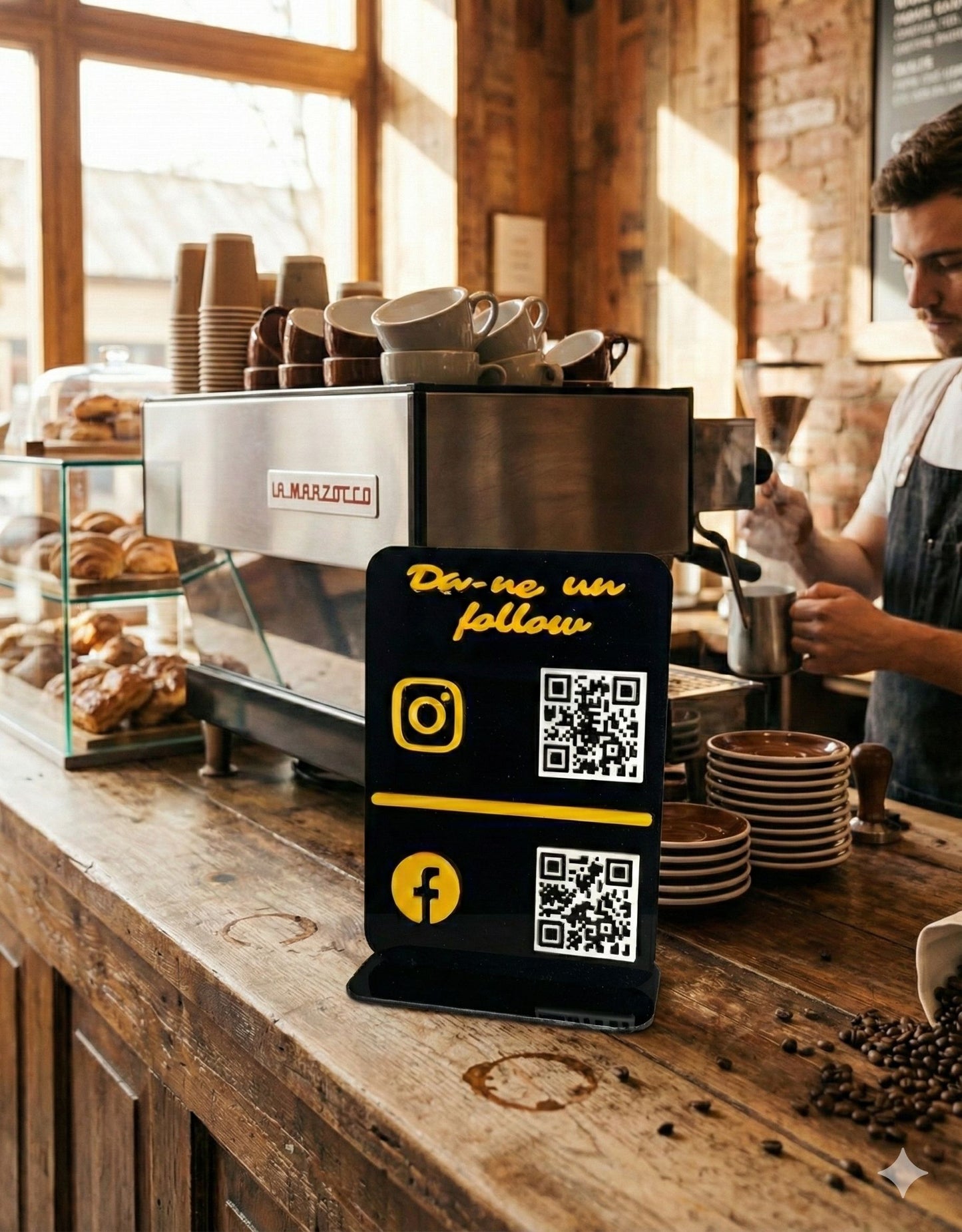 Stand elegant personalizat din plexiglas acrylic cu 2 coduri QR si NFC