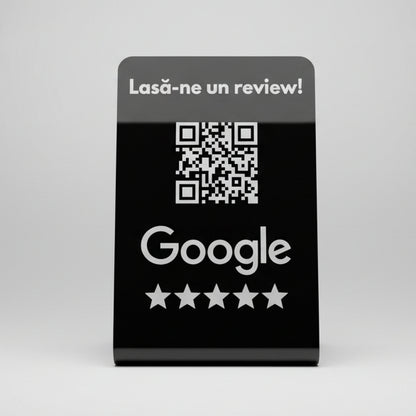 Stand acrilic negru cu cod QR pentru recenzii Google, personalizabil