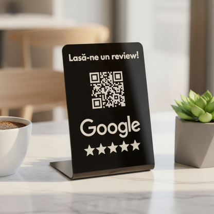 Stand acrilic negru cu cod QR pentru recenzii Google, personalizabil