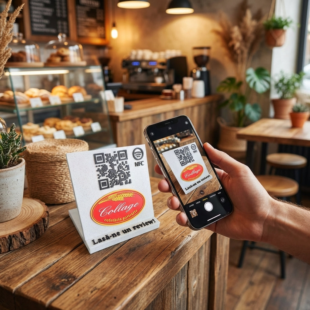 Stand cu cod QR multifuncțional personalizat, cu NFC