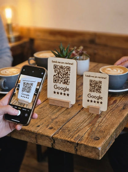 Stand din lemn cu cod QR pentru recenzii Google – personalizabil, cu suport elegant